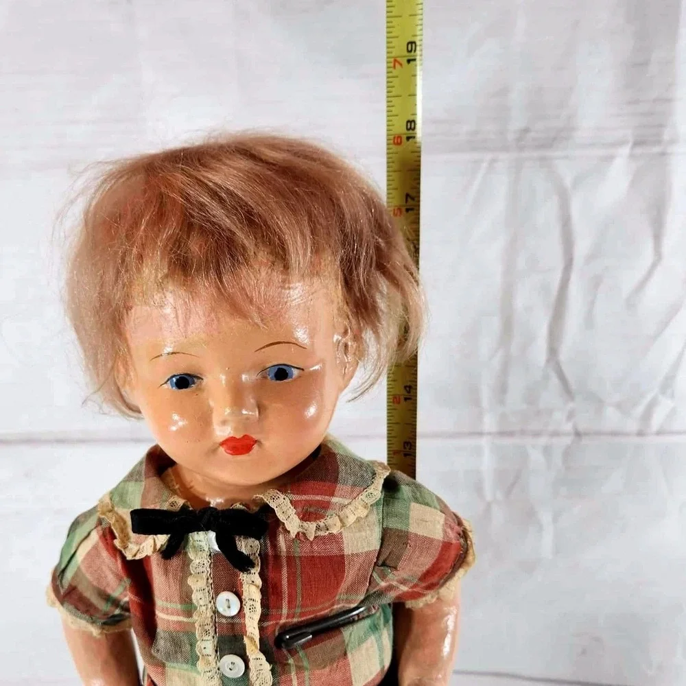 Vintage Composition Doll 1920s 17 Inch Plaid‎ Dress